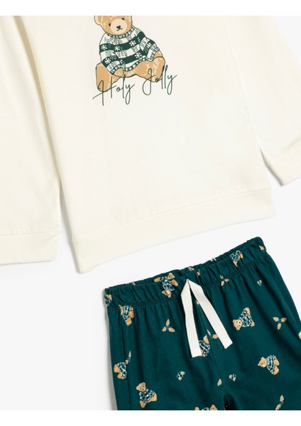 Teddy Bear Baskılı Uzun Kollu Pamuklu Pijama Takımı