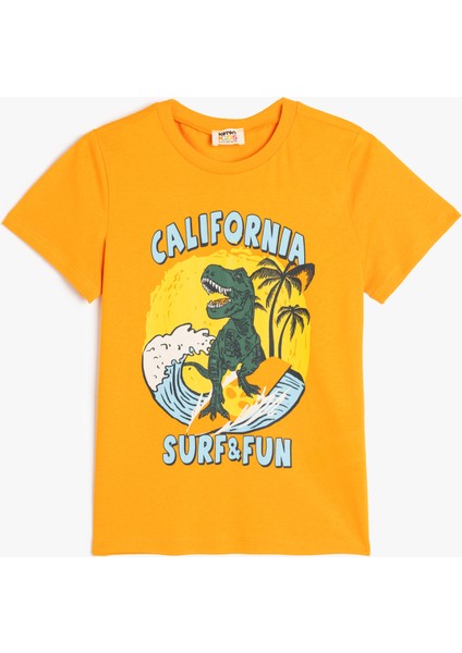 T-Shirt Dinozor Baskılı Kısa Kollu Bisiklet Yaka Pamuklu