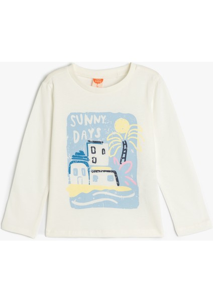 T-Shirt Uzun Kollu Bisiklet Yaka Baskı Detaylı Pamuklu