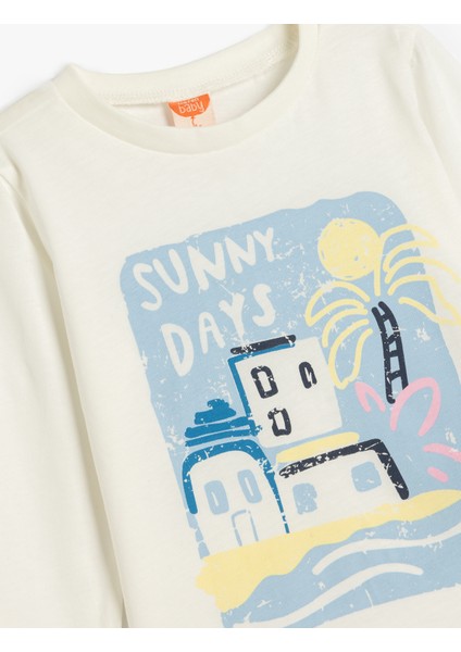 T-Shirt Uzun Kollu Bisiklet Yaka Baskı Detaylı Pamuklu