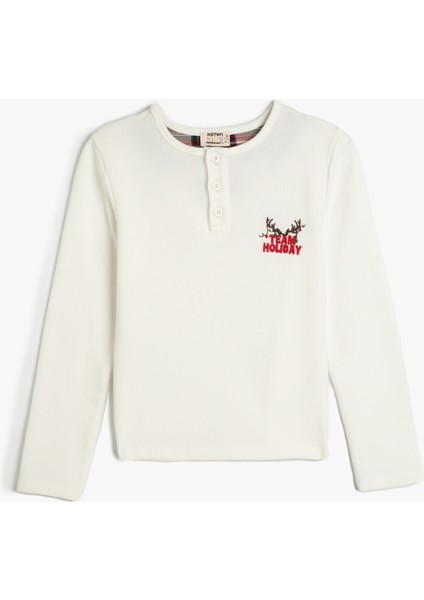 Pijama Üstü Işleme Detaylı Düğmeli Yuvarlak Yaka Uzun Kollu