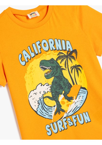 T-Shirt Dinozor Baskılı Kısa Kollu Bisiklet Yaka Pamuklu modelleri