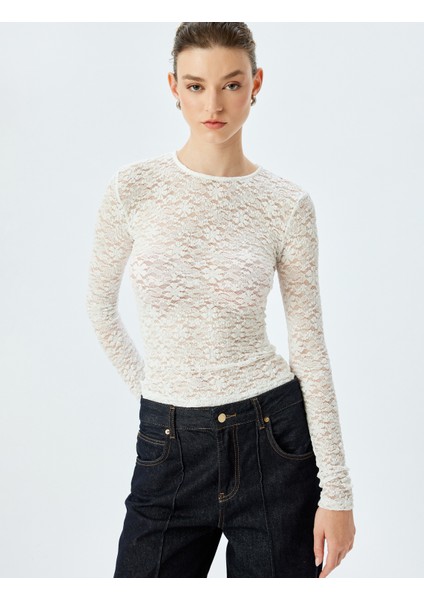 Slim Fit Bisiklet Yaka Uzun Kollu Yarı Transparan Dantel Bluz