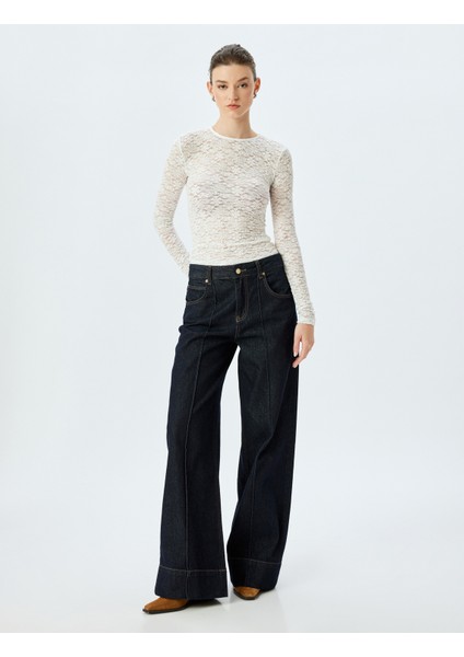 Slim Fit Bisiklet Yaka Uzun Kollu Yarı Transparan Dantel Bluz fiyatları