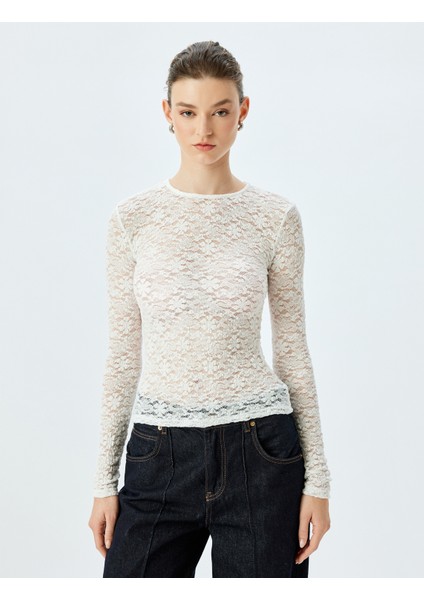 Slim Fit Bisiklet Yaka Uzun Kollu Yarı Transparan Dantel Bluz modelleri
