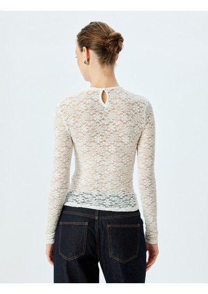 Slim Fit Bisiklet Yaka Uzun Kollu Yarı Transparan Dantel Bluz fırsatları