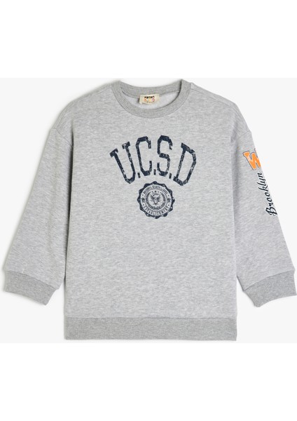 Kolej Baskılı Uzun Kollu Bisiklet Yaka Pamuklu Sweatshirt