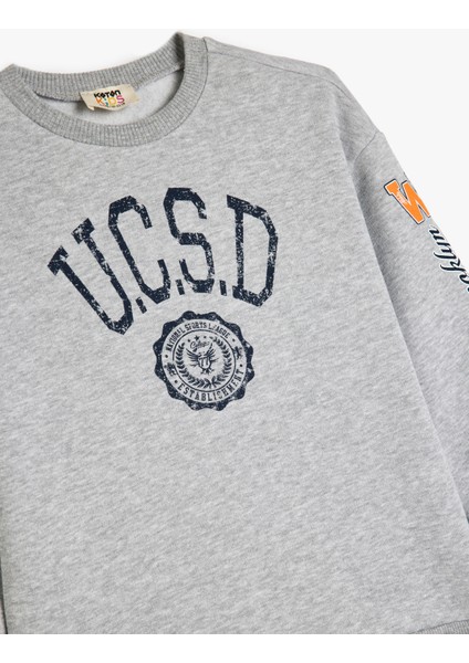 Kolej Baskılı Uzun Kollu Bisiklet Yaka Pamuklu Sweatshirt