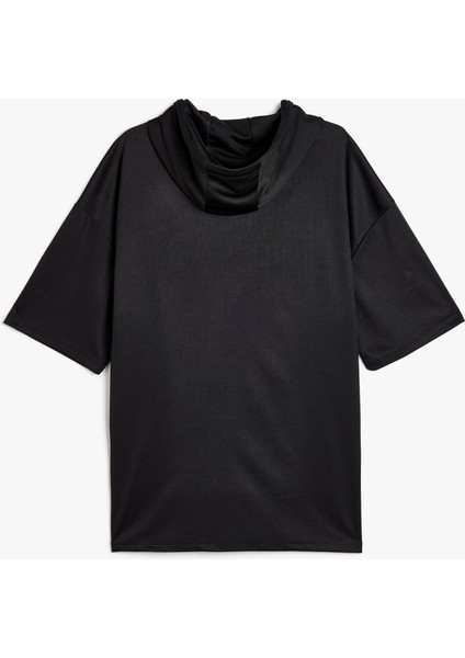 Slogan Baskılı Kapüşonlu Kısa Kollu Oversize Spor T-Shirt