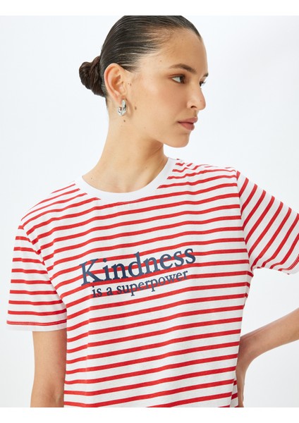 Bisiklet Yaka Kısa Kollu Pamuklu Baskılı Çizgili T-Shirt