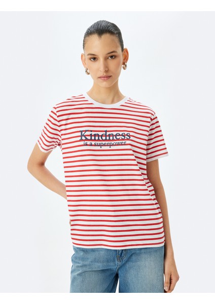 Bisiklet Yaka Kısa Kollu Pamuklu Baskılı Çizgili T-Shirt modelleri