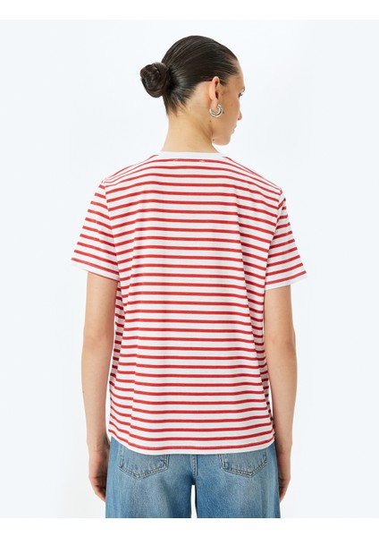 Bisiklet Yaka Kısa Kollu Pamuklu Baskılı Çizgili T-Shirt fırsatları