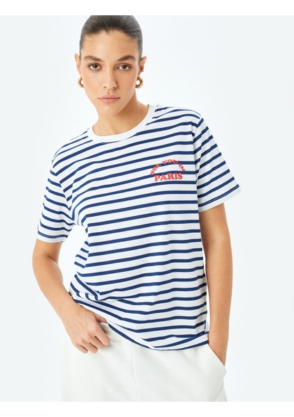 Baskı Detaylı Bisiklet Yaka Pamuklu Çizgili T-Shirt fiyatları