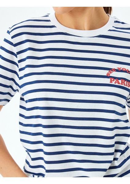 Baskı Detaylı Bisiklet Yaka Pamuklu Çizgili T-Shirt indirimleri