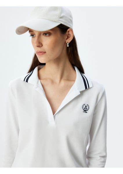 Işleme Detaylı Pamuklu Uzun Kollu Polo Yaka T-Shirt