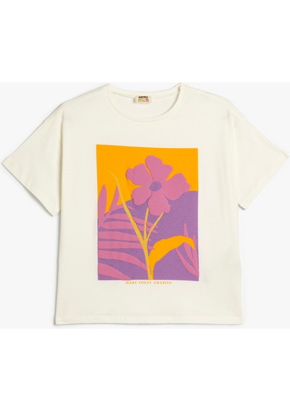 T-Shirt Çiçek Baskılı Kısa Kollu Bisiklet Yaka Pamuklu