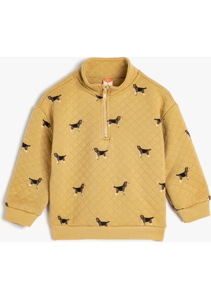 Yarım Fermuar Detaylı Köpek Desenli Uzun Kollu Kapitone Sweatshirt