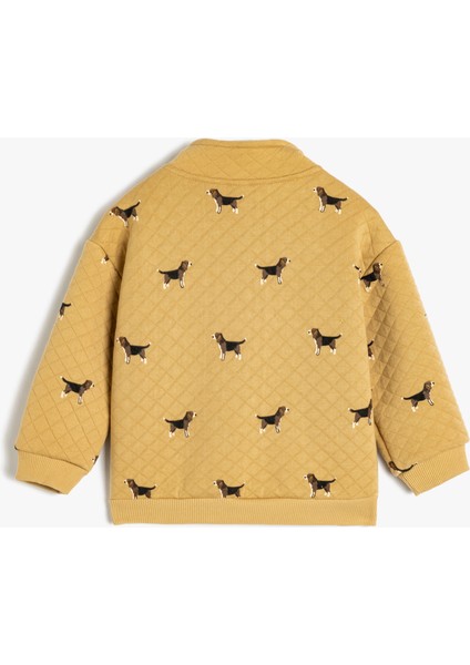 Yarım Fermuar Detaylı Köpek Desenli Uzun Kollu Kapitone Sweatshirt
