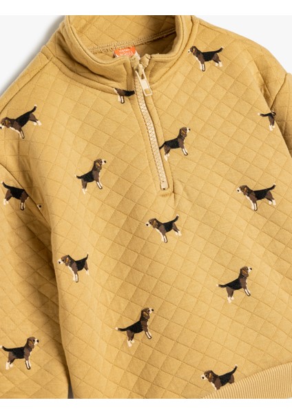 Yarım Fermuar Detaylı Köpek Desenli Uzun Kollu Kapitone Sweatshirt
