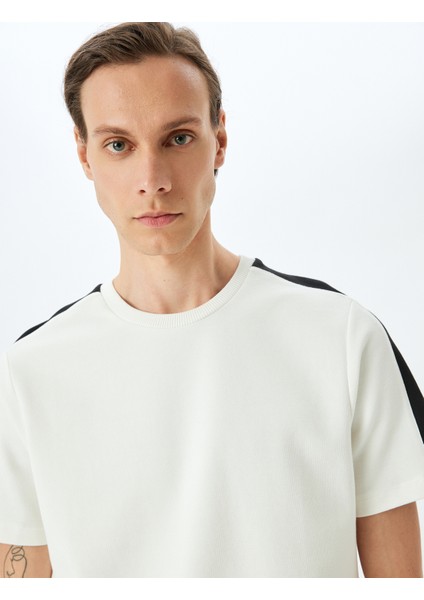 Şerit Detaylı Regular Fit Pamuk Karışımlı Bisiklet Yaka Kısa Kollu T-Shirt