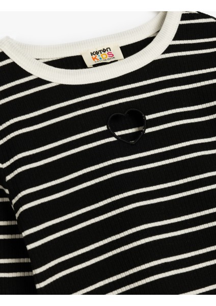 Kalp Detaylı Çizgili Bisiklet Yaka Uzun Kollu Crop T-Shirt