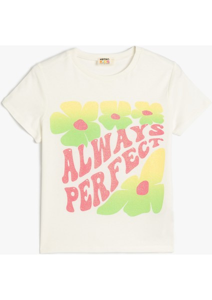 T-Shirt Kısa Kollu Bisiklet Yaka Slogan Baskılı Sim Detaylı Pamuklu