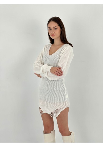 Transparan Örgü Triko Long Sleeve Uzun Kollu Kadın Kazak Elbise Women Knitted Dress