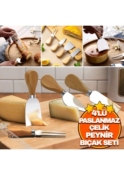 4'lü Bambu Saplı Çelik Peynir Bıçağı Seti | Mini Bıçak Seti Tereyağı,peynir Bıçağı Spatula Çatal Set