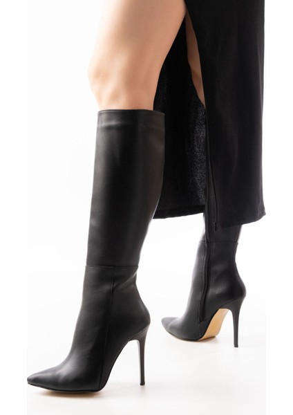 226 Siyah Lastikli Yüksek Topuklu Çizme