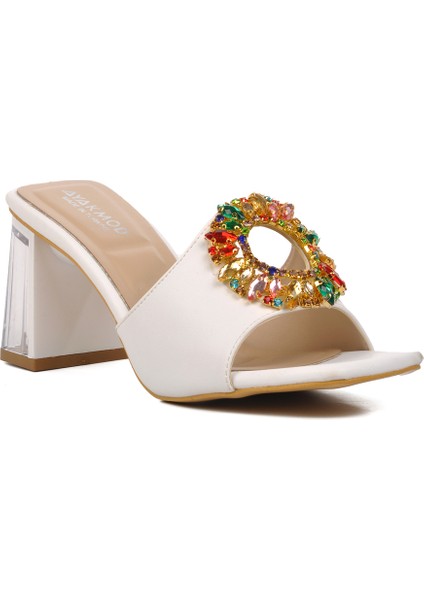 Beyaz Kadın Topuklu Terlik