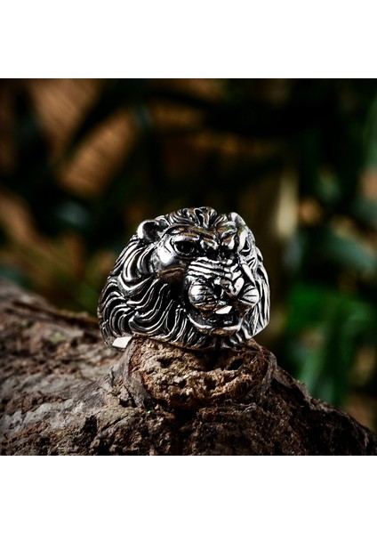 Aslan Başlı Gümüş Erkek Yüzüğü 925 Ayar Gümüş Aslanlı Erkek Yüzük