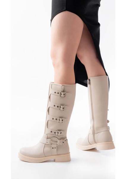 02-346 Bej Düz Topuklu Günlük Bayan Binici Çizme fırsatları