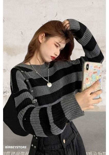 Kadın Triko Kazak Siyah Çizgili