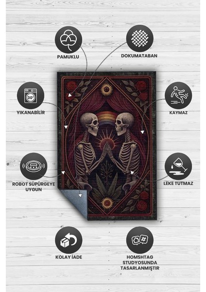 Gökkuşağı ve Iskelet Temalı Halı Koyu Renkli Retro Oturma Odası Halısı Iskelet Figürlü Halı