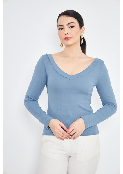 Mavi Kadın Derin V Yaka Uzun Kollu Fit Kesim Bluz - 2465