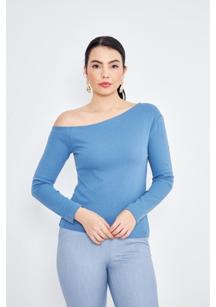 Mavi Asimetrik Yaka Tek Omuz Açık Uzun Kollu Kadın Fit Bluz - 2463