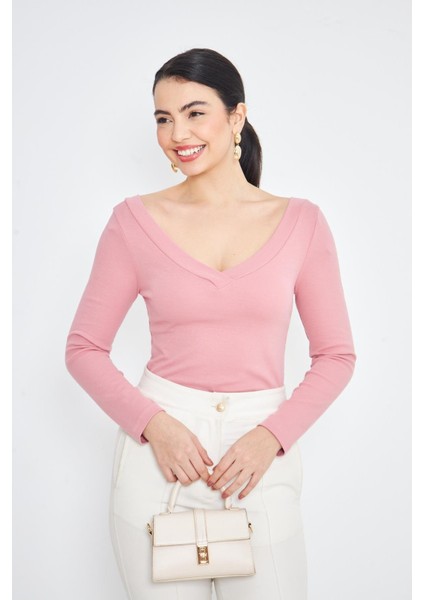 Pembe Kadın Derin V Yaka Uzun Kollu Fit Kesim Bluz - 2465