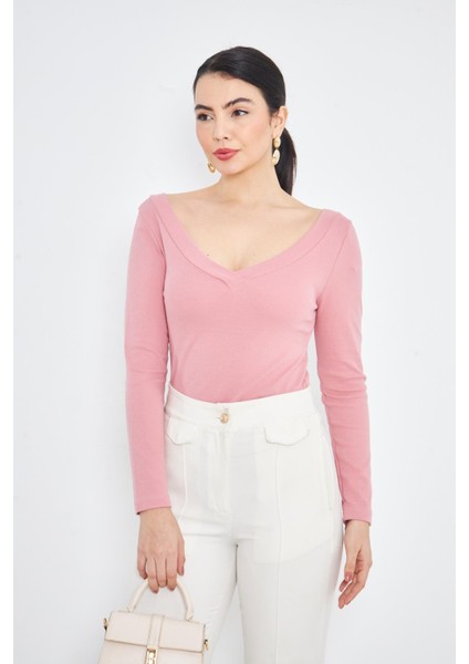 Pembe Kadın Derin V Yaka Uzun Kollu Fit Kesim Bluz - 2465