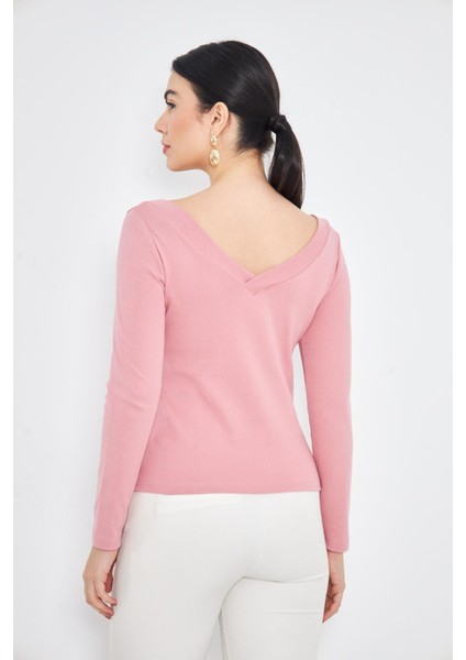 Pembe Kadın Derin V Yaka Uzun Kollu Fit Kesim Bluz - 2465