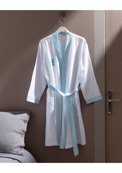 Liana Müslin %100 Pamuk Kadın Bornoz - Beyaz/turkuaz