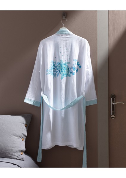 Liana Müslin %100 Pamuk Kadın Bornoz - Beyaz/turkuaz fiyatları