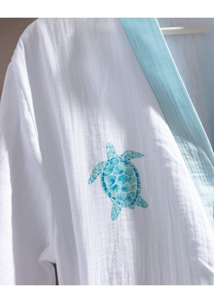 Liana Müslin %100 Pamuk Kadın Bornoz - Beyaz/turkuaz modelleri