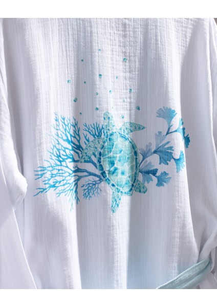 Liana Müslin %100 Pamuk Kadın Bornoz - Beyaz/turkuaz indirimleri