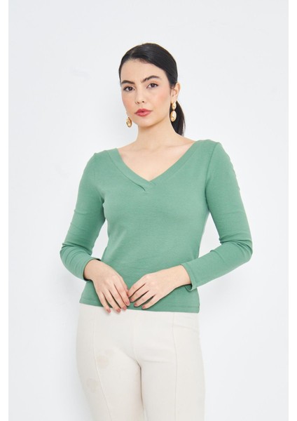 Yeşil Kadın Derin V Yaka Uzun Kollu Fit Kesim Bluz - 2465