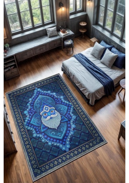 Mavi Yer Cücesi Temalı Halı Mavi Renkli Etnik Oturma Odası Halısı Yer Cücesi Figürlü Halı