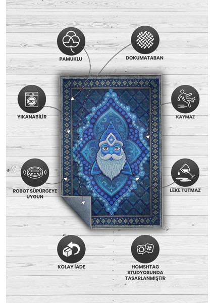 Mavi Yer Cücesi Temalı Halı Mavi Renkli Etnik Oturma Odası Halısı Yer Cücesi Figürlü Halı fırsatları