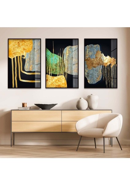 Kolaj Çizim 3'lü Metal Çerçeveli Cam Tablo Seti