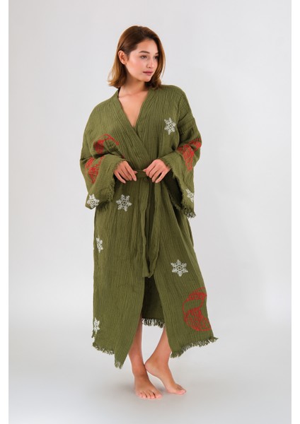 Christmas Müslin Kimono Pamuklu Yılbaşı Baskılı Desenli Bornoz Kaftan Sabahlık