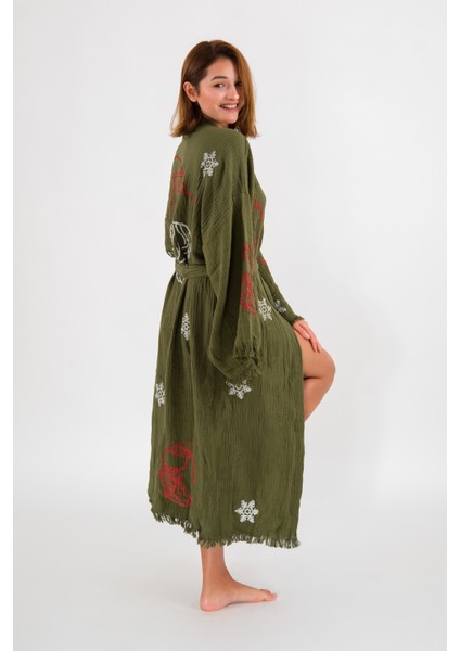 Christmas Müslin Kimono Pamuklu Yılbaşı Baskılı Desenli Bornoz Kaftan Sabahlık