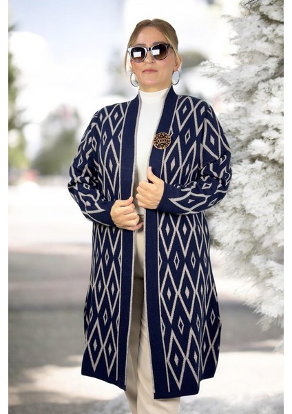 Baklava Desenli Broş Detaylı Uzun Kollu Şal Yaka Büyük Beden Triko Hırka fırsatları